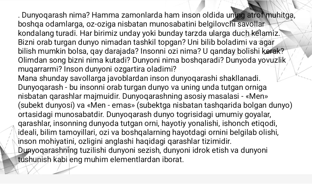 Dunyoqarash va uning turlari