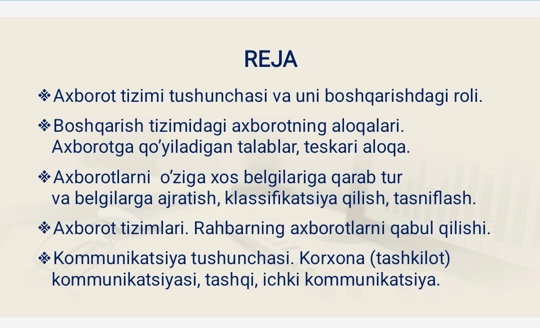 BOSHQARISHDA AXBOROT VA KOMMUNIKATSIYA