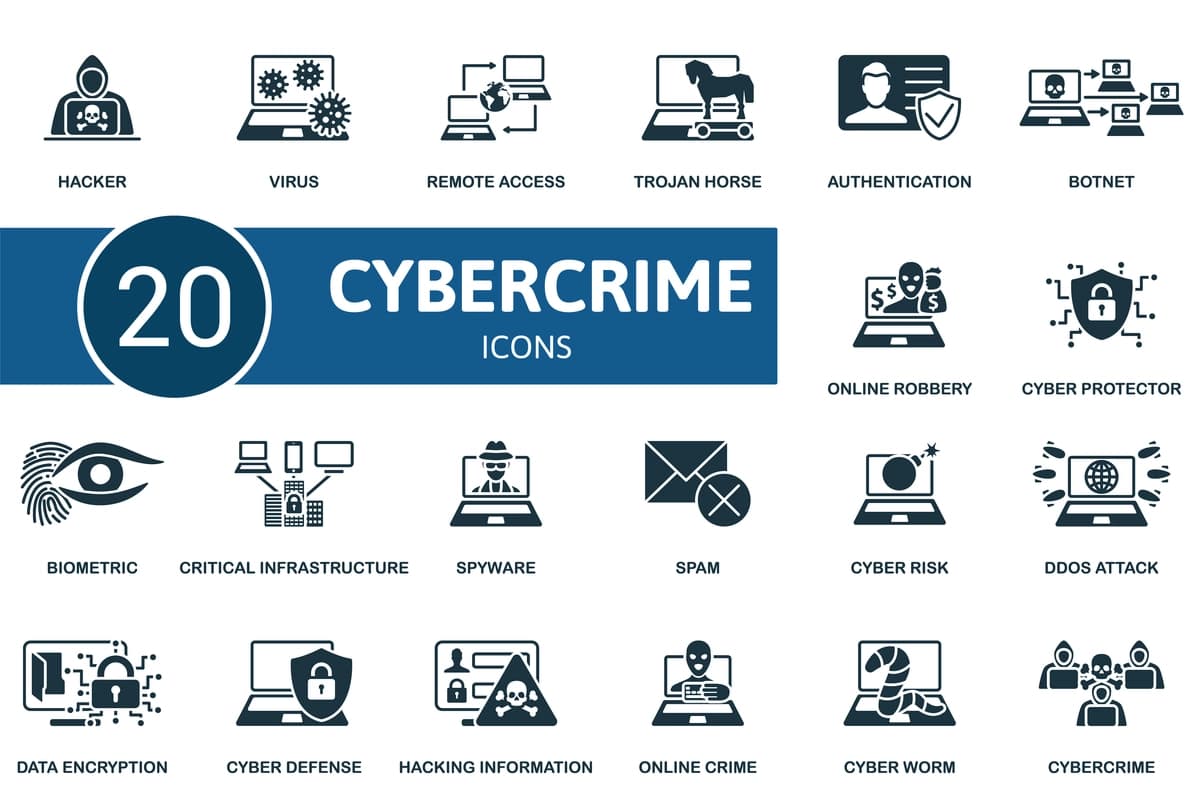 Cybercrime ijodiy piktogramma majmui hacker virus masofadan kirish | Cybercrime set creative icons hacker virus remote access