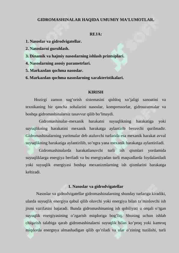 GIDROMASHINALAR HAQIDA UMUMIY MA’LUMOTLAR