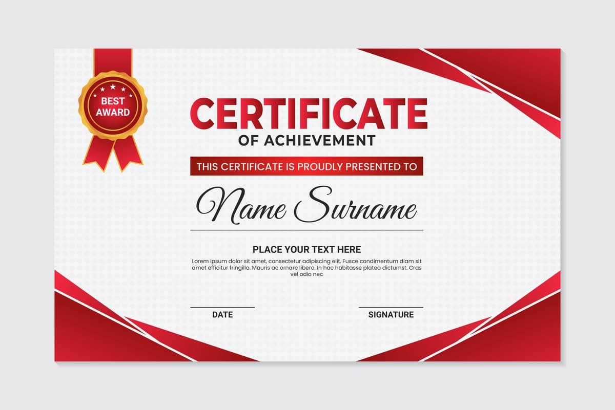 Zamonaviy qizil geometrik dizayn yutuqlari sertifikat shablon oq | Modern red geometric design achievement certificate template white