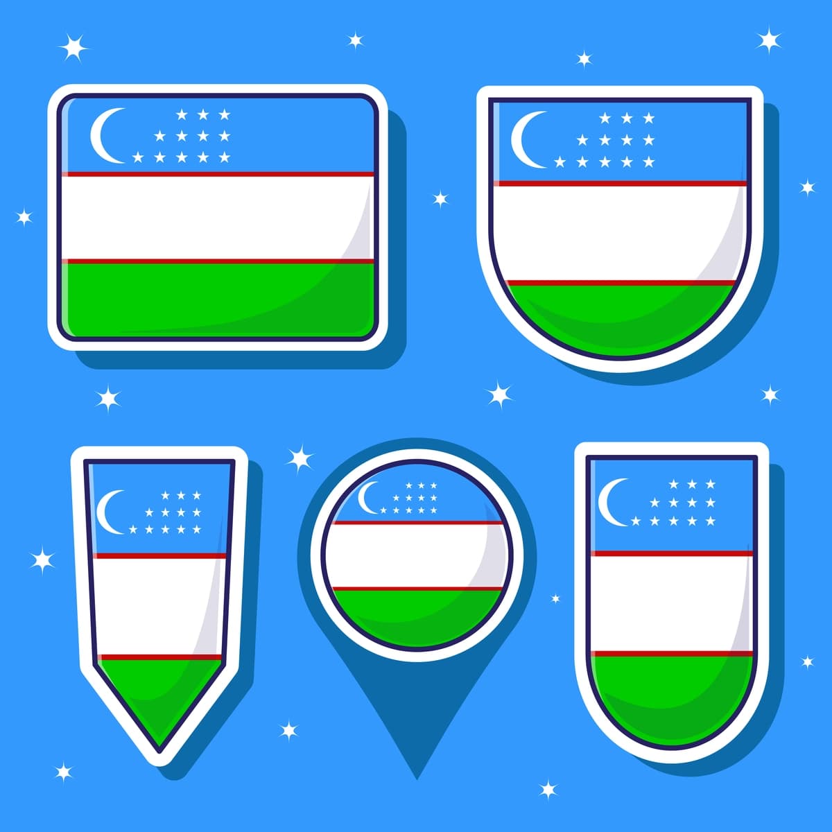 Oʻzbekiston milliy bayrogʻi multfilmi vektor piktogrammasi maskot toʻplami | Uzbekistan national flag cartoon vector icon mascot bundle packs