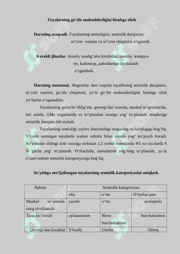Tuyalarning go‘sht mahsuldorligini hisobga olish.