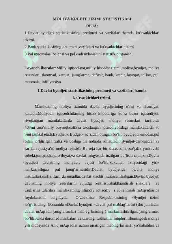 MOLIYA KREDIT TIZIMI STATISTIKASI