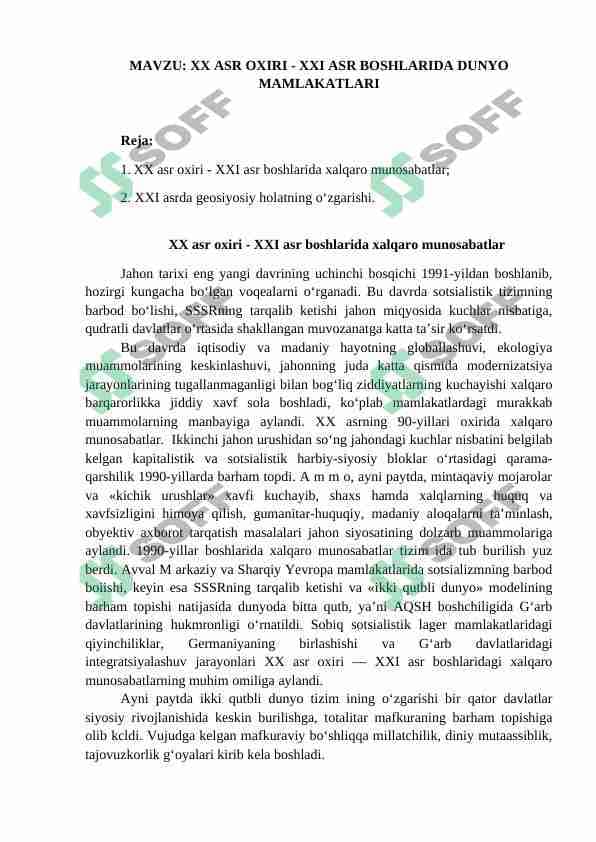 XX ASR OXIRI - XXI ASR BOSHLARIDA DUNYO MAMLAKATLARI