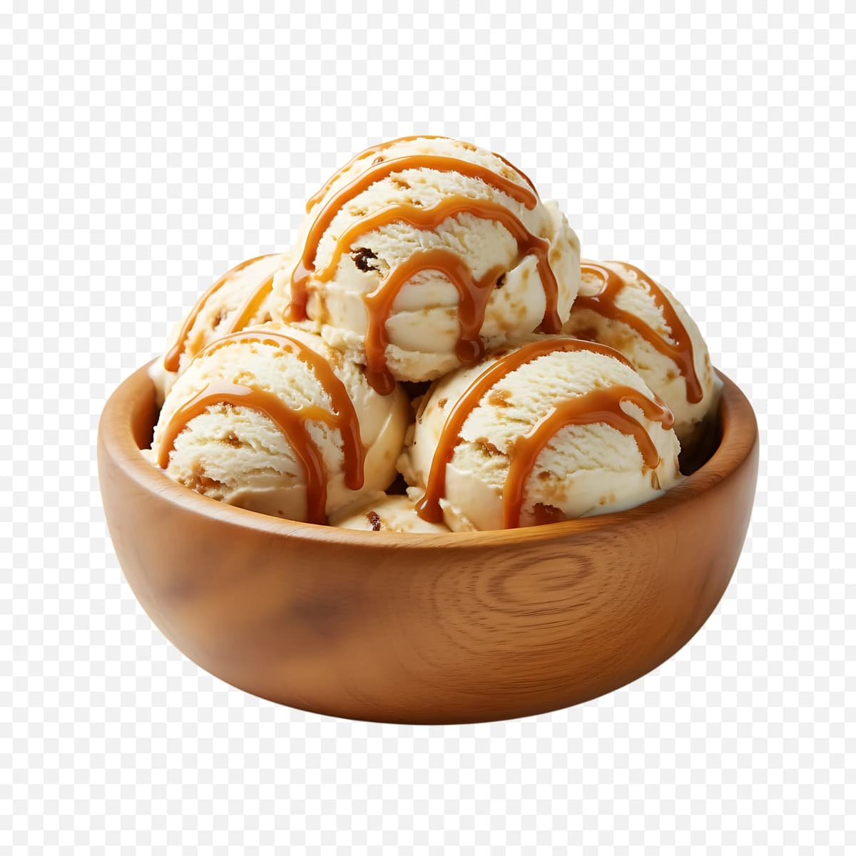 Mazali karamelli muzqaymoq qoshiqlari yog'och piyola | Delicious caramel drizzled ice cream scoops wooden bowl
