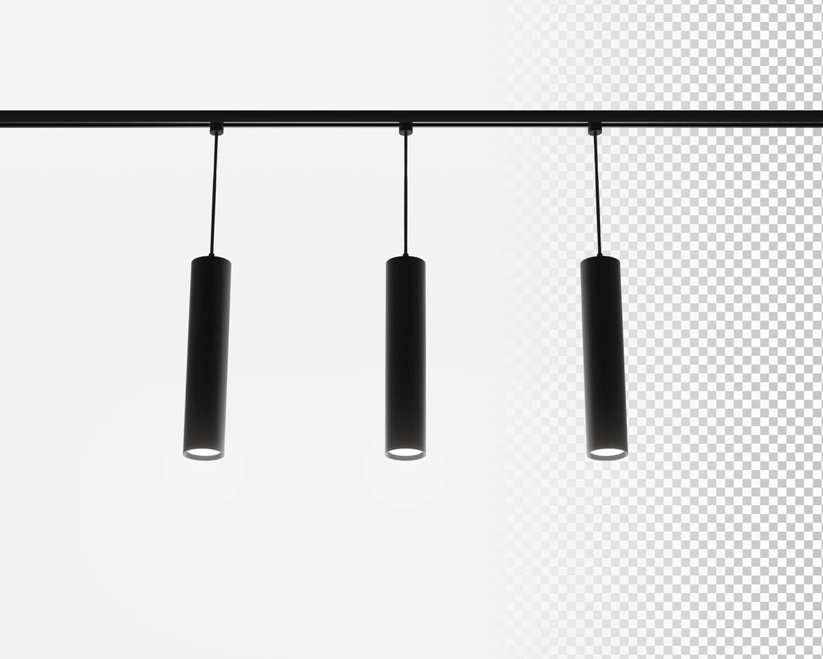 Yo'l yoritgich tizimi osilgan shiftdagi spot lampalar 3D render zamonaviy | Track lighting system pendant ceiling spot lamps 3d render modern