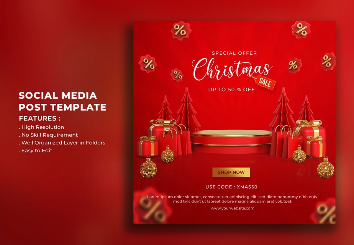 Haqiqiy 3D Rojdestvo sotuvi ijtimoiy media post shabloni | Realistic 3d christmas sale social media post template