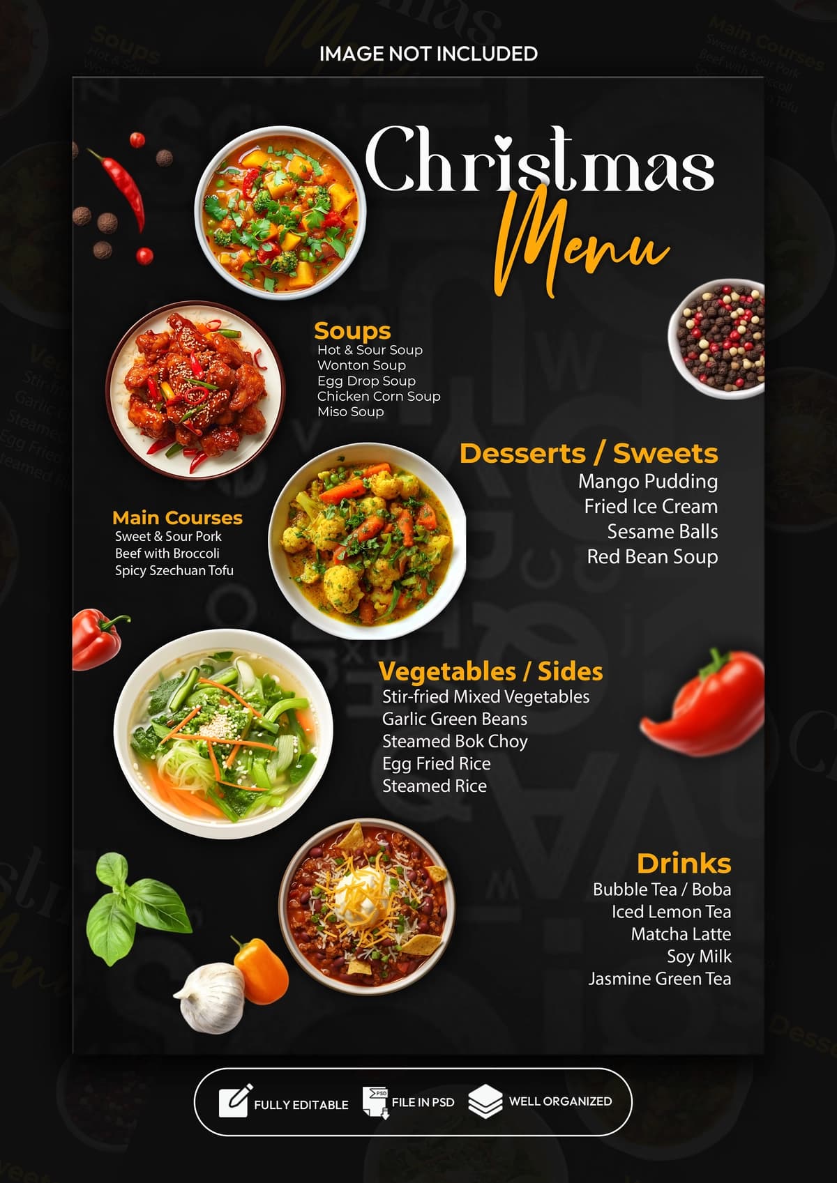 Maxsus taomlar Rojdestvo menyusi restorani afishasi shablonlari dizayni | Special food christmas menu restaurant poster template design