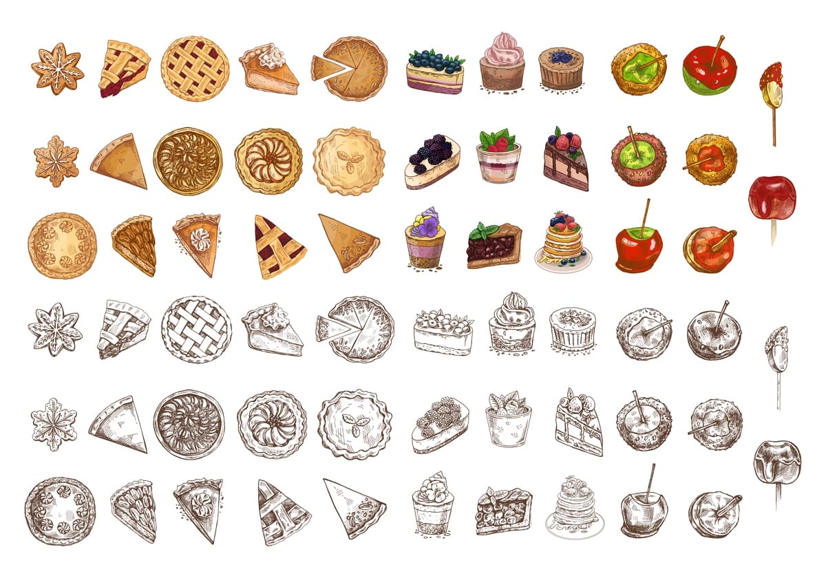 Qo'lda chizilgan vintage eskizlar to'plami piroglar tortlar xamir ovqatlar pechene ponchiklari | Hand drawn vintage sketch set pies cakes pastries cookies donuts