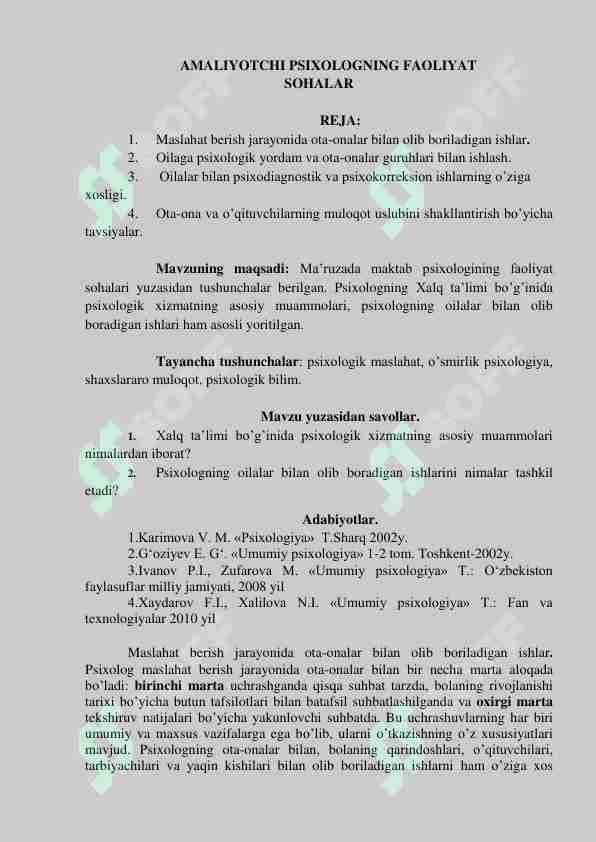 AMALIYOTCHI PSIXOLOGNING FAOLIYAT SOHALAR