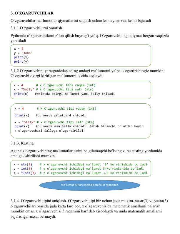 3. Pythonda o`zgaruvhilarni e`lon qilish