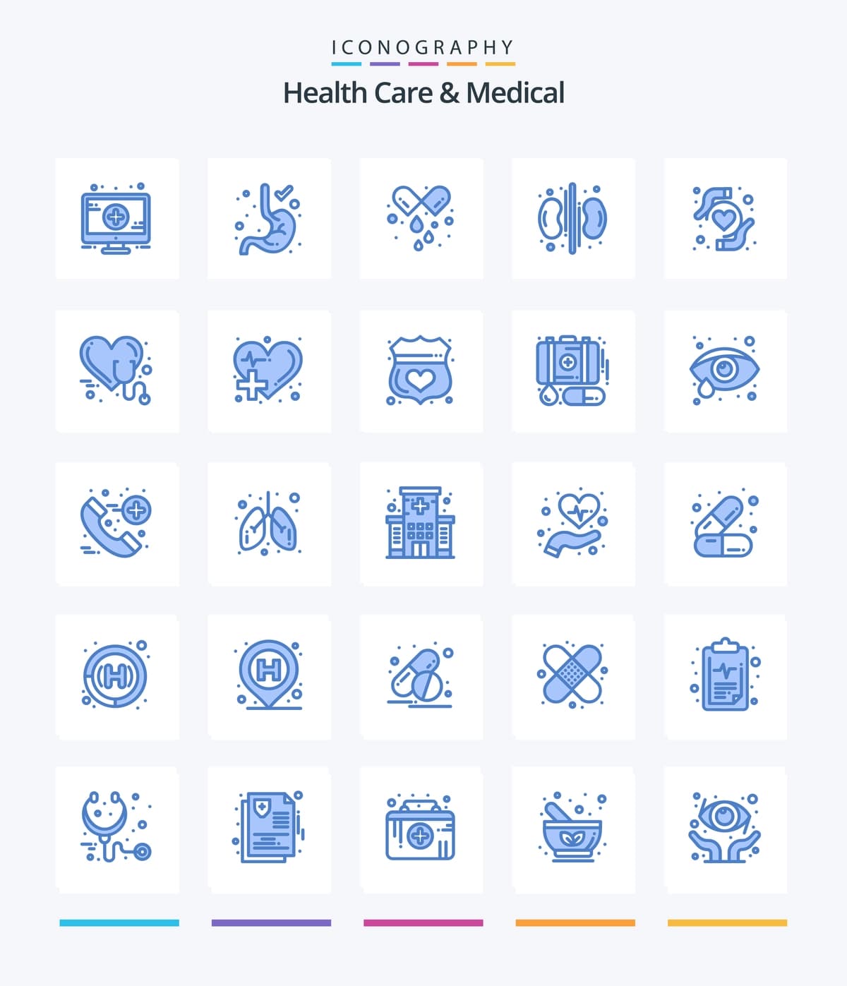Ijodiy sog'liqni saqlash tibbiy 25 ko'k piktogramma to'plami, masalan, yurakni parvarish qilish | Creative health care medical 25 blue icon pack such as care heart