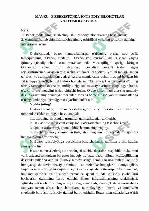 O‘ZBEKISTONDA IQTISODIY ISLOHOTLAR VA IJTIMOIY SIYOSAT