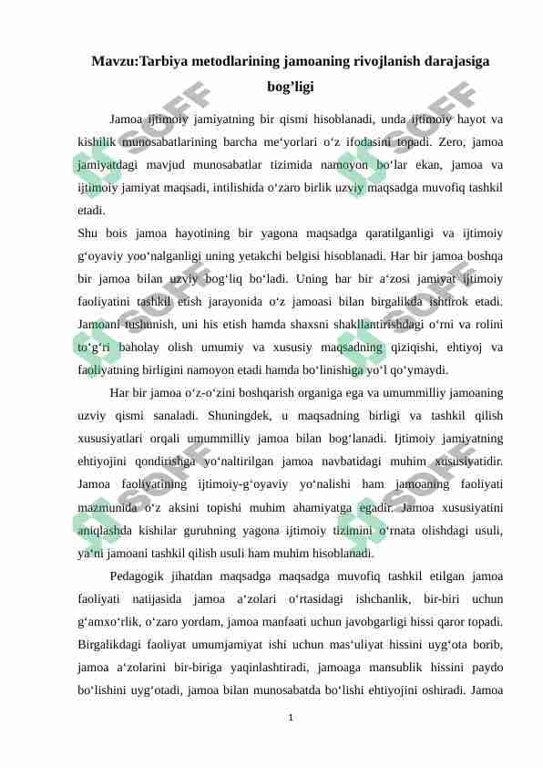 Tarbiya metodlarining jamoaning rivojlanish darajasiga bog’ligi