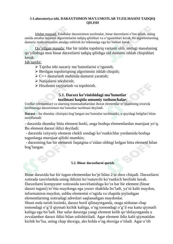 Muvozanatlangan binar daraxtlar ustidagi amallar. MERGE va SPLIT operatorlar to’plami. MERGE va SPLIT operatorli ma’lumotlarni apstrakt turlariga doir misollar.