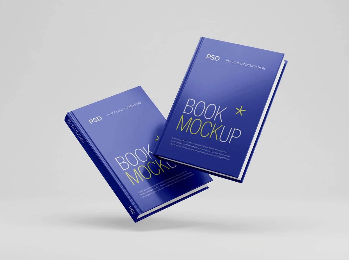Suzuvchi qattiq muqovali kitob maketlari | Floating hardcover book mockups