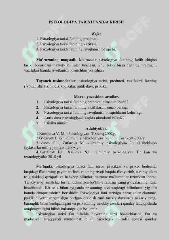 PSIXOLOGIYA TARIXI FANIGA KIRISH