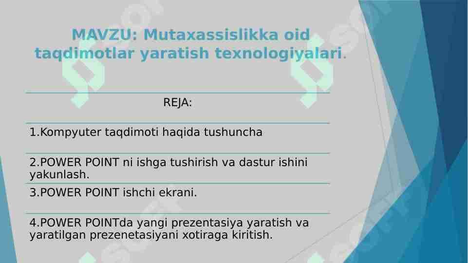 Mutaxassislikka oid taqdimotlar yaratish texnologiyalari.