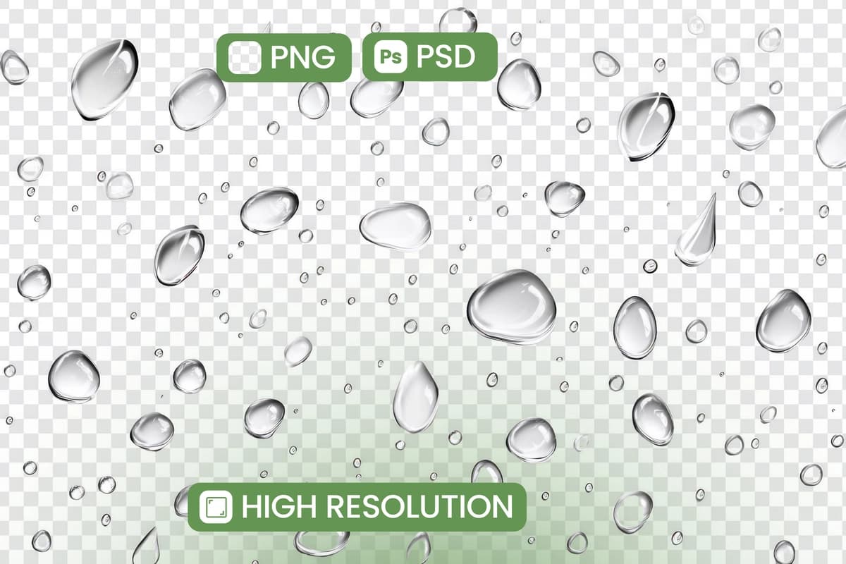 Yuqori aniqlikdagi suv tomchilari png psd shaffof fonlar | Highresolution water droplets falling png psd transparent backgrounds