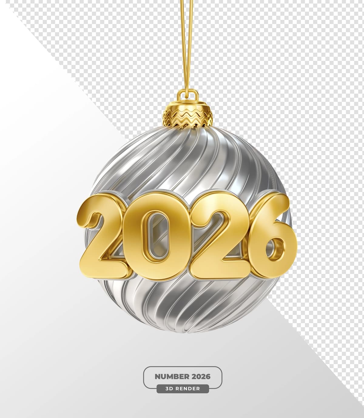 Oltin 2026 raqamlari shaffof bilan kumush rangli Rojdestvo 3D renderi | Golden 2026 numbers silver christmas bauble 3d render with transparent