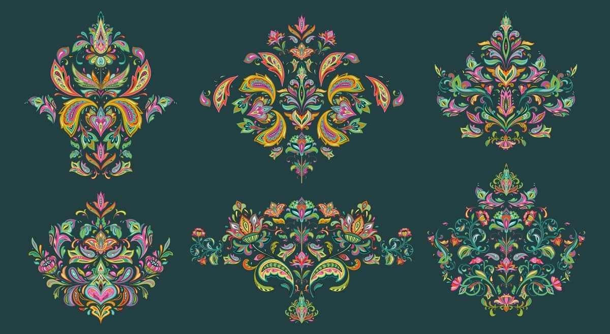 Paisley naqshli oltita vektorli sharqona naqshlarni o'rnating | Set six vector oriental motifs with paisley ornament