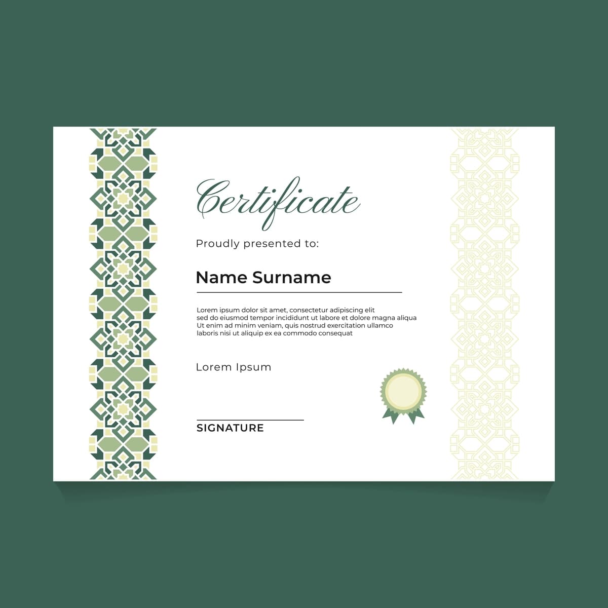Yashil pastel islom vertikal naqshli sertifikat shablonining dizayni | Certificate template design with green pastel islamic vertical ornament