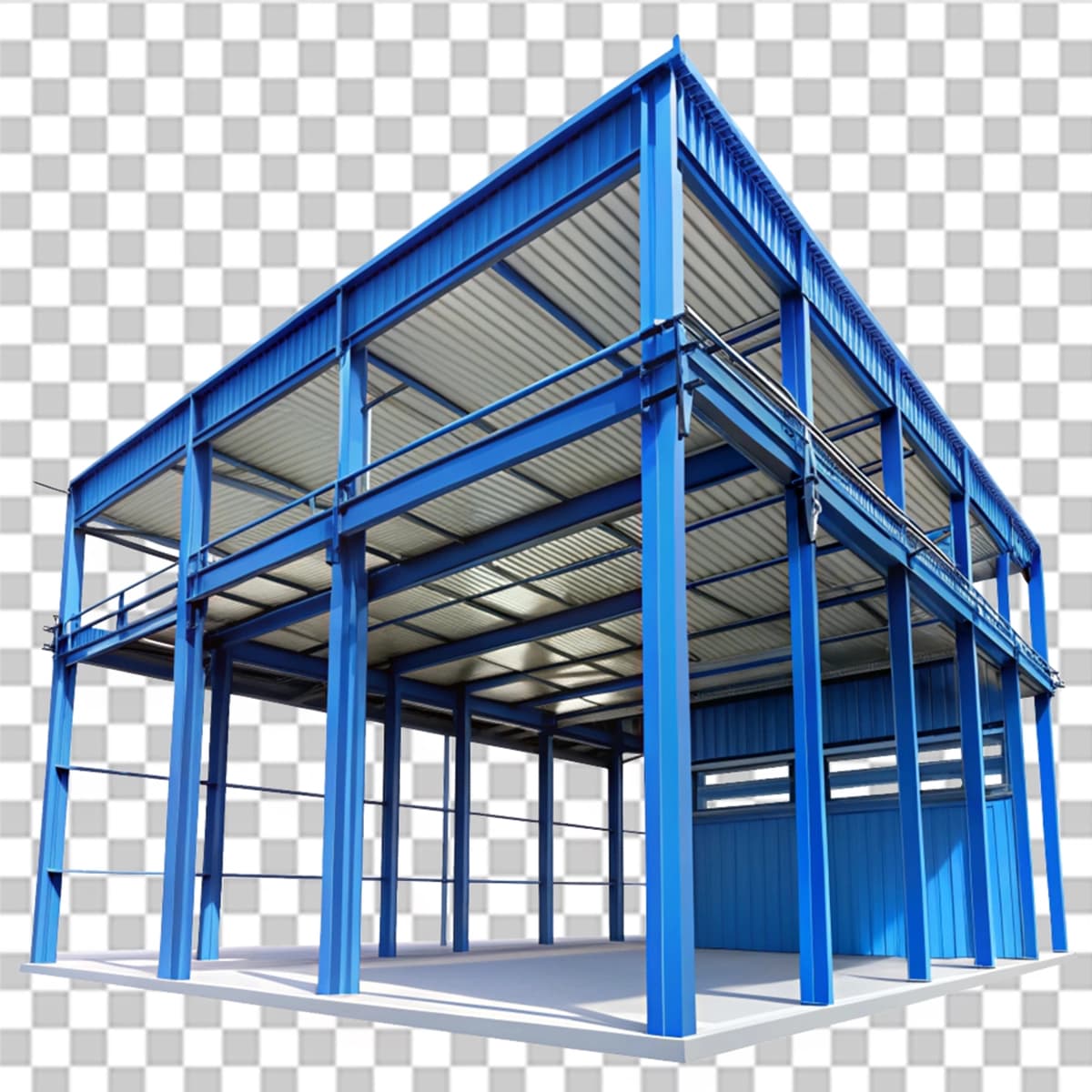 Moviy nurli metall bino shaffof fonni qo'llab-quvvatlaydi | Metal building with blue beams supports transparent background