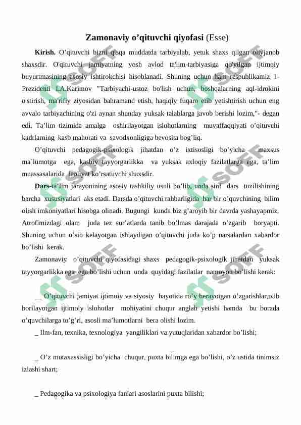 Zamonaviy o’qituvchi qiyofasi (ESSE)