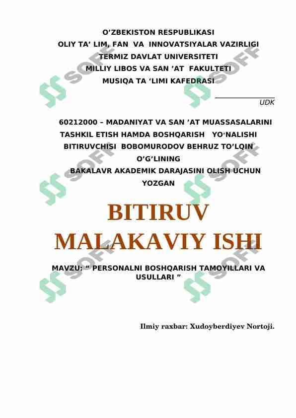PERSONALNI BOSHQARISH TAMOYILLARI VA USULLARI