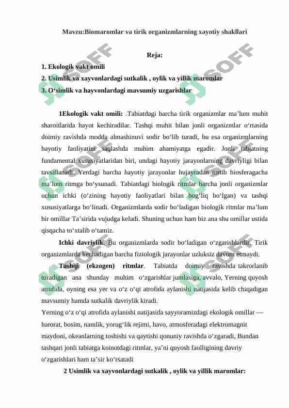 Biomaromlar va tirik organizmlarning xayotiy shakllari