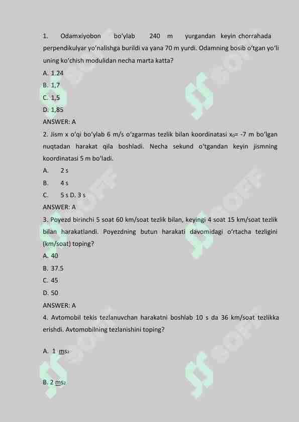 Fizika 224 talik test. Yakuniy savollati TATU.
