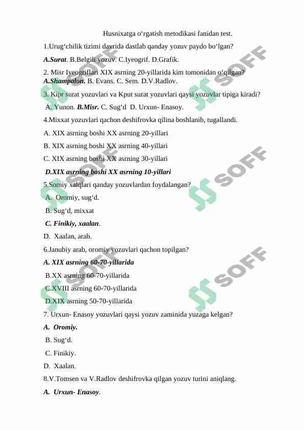 Husnixatga o'rgatish metodikasi fanidan test.