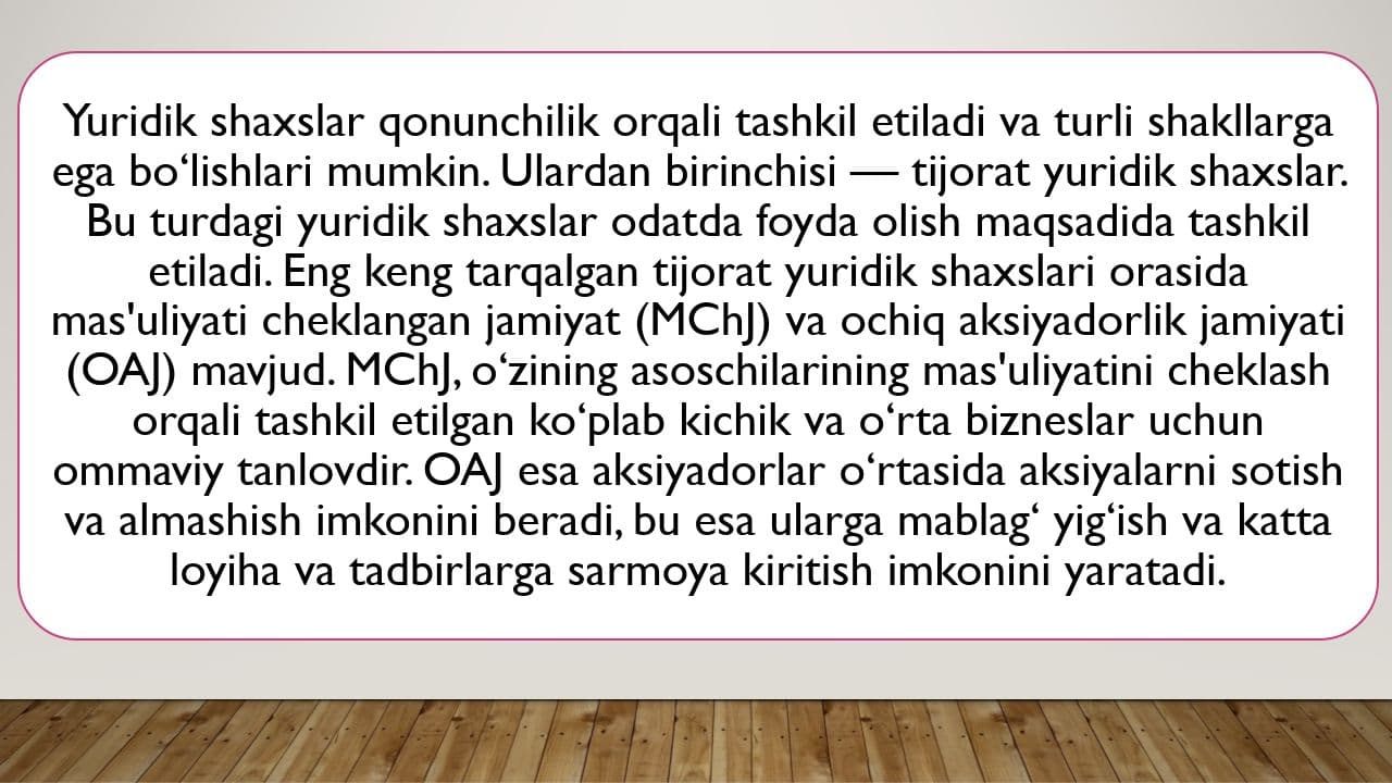 Yuridik shaxs tushunchasi  va turlari