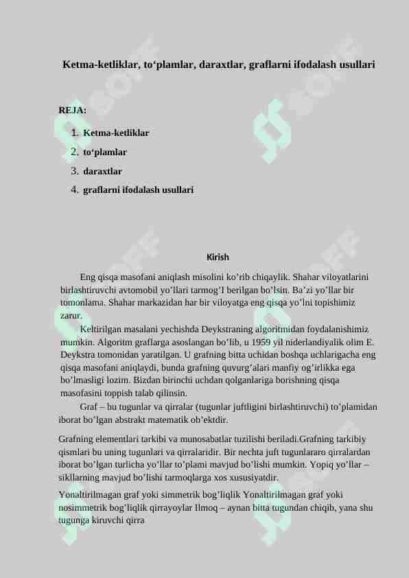 Ketma-ketliklar, to‘plamlar, daraxtlar, graflarni ifodalash usullari
