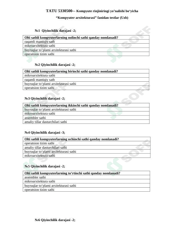 "Kompyuter arxitekturasi" fanidan testlar (uzbek tilida)