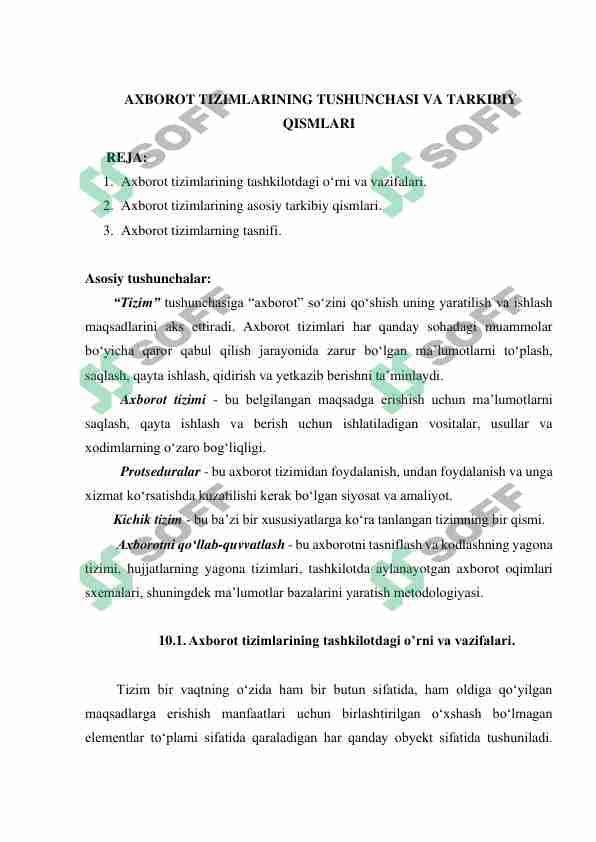 AXBOROT TIZIMLARINING TUSHUNCHASI VA TARKIBIY  QISMLARI