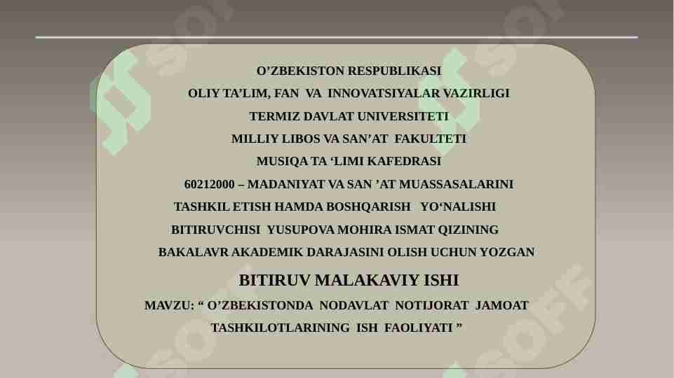 O’ZBEKISTONDA  NODAVLAT  NOTIJORAT  JAMOAT TASHKILOTLARINING  ISH  FAOLIYATI