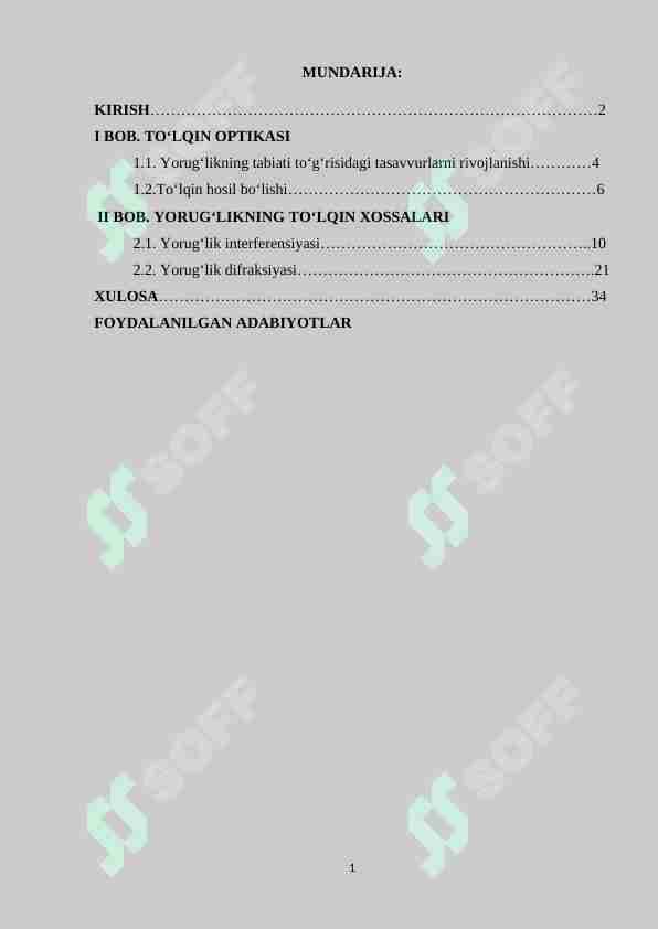 YORUG‘LIKNING TO‘LQIN XOSSALARI