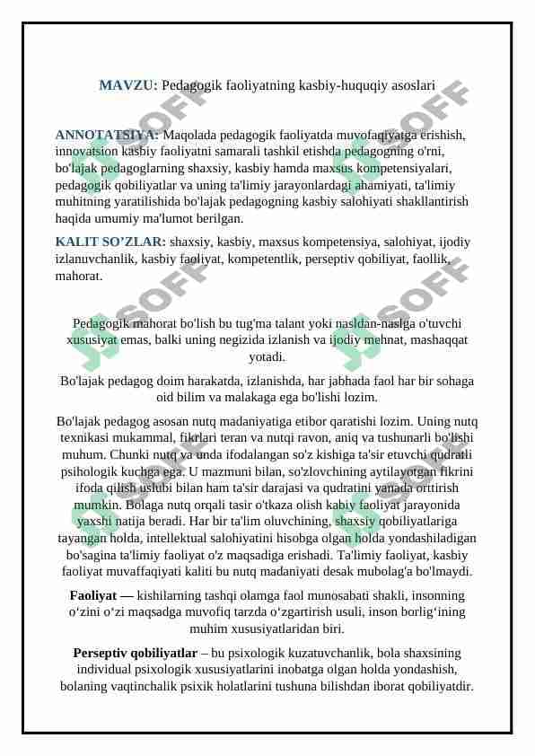 Pedagogik faoliyatning kasbiy-huquqiy asoslari (TEZIS)