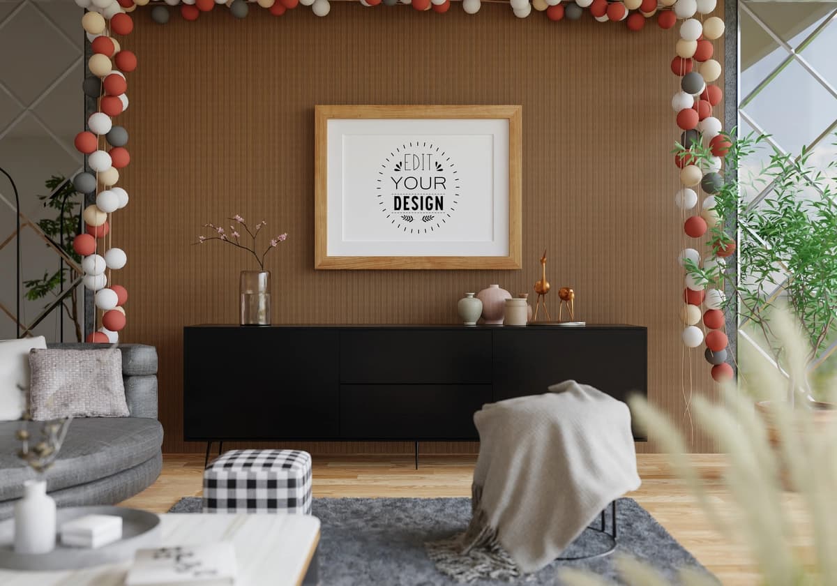Yashash xonasi uchun plakat ramkasi psd maketi | Poster frame living room psd mockup