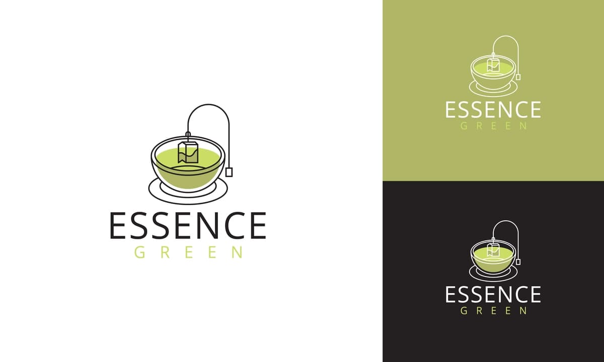 Essence yashil choy logotipi minimalist chiziqli art dizayndagi choy bilan choy piyola | Essence green tea logo minimalist line art design teacup with tea