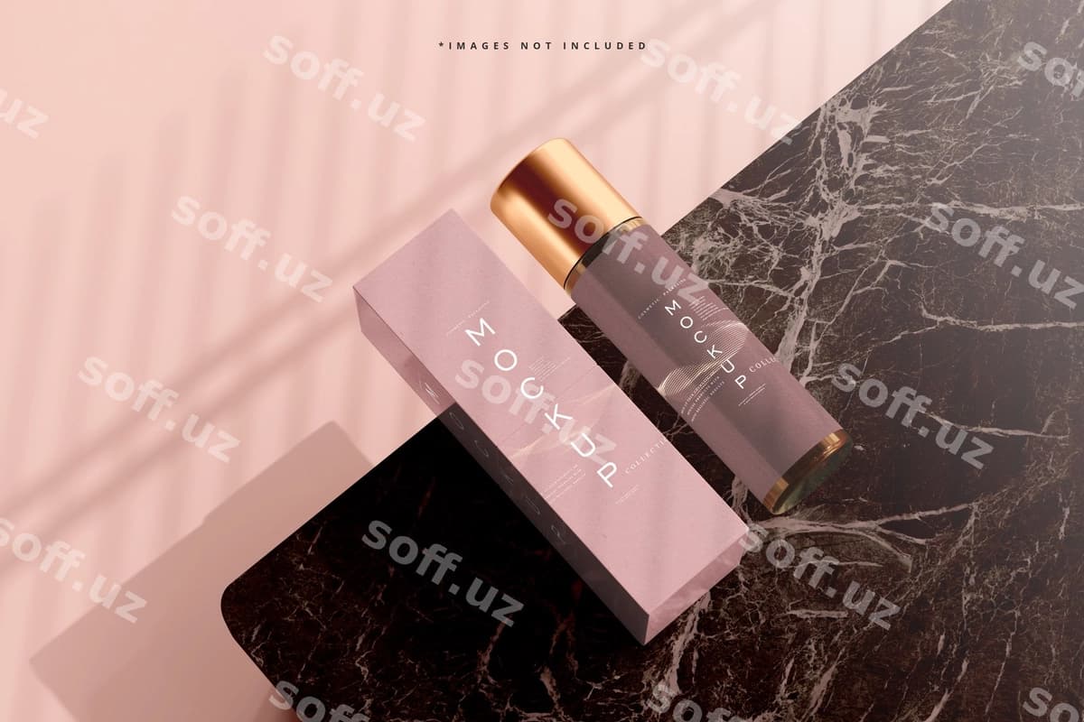 Qamish shisha kosmetika shishasi qutisi namunasi | Amber glass cosmetic bottle box mockup