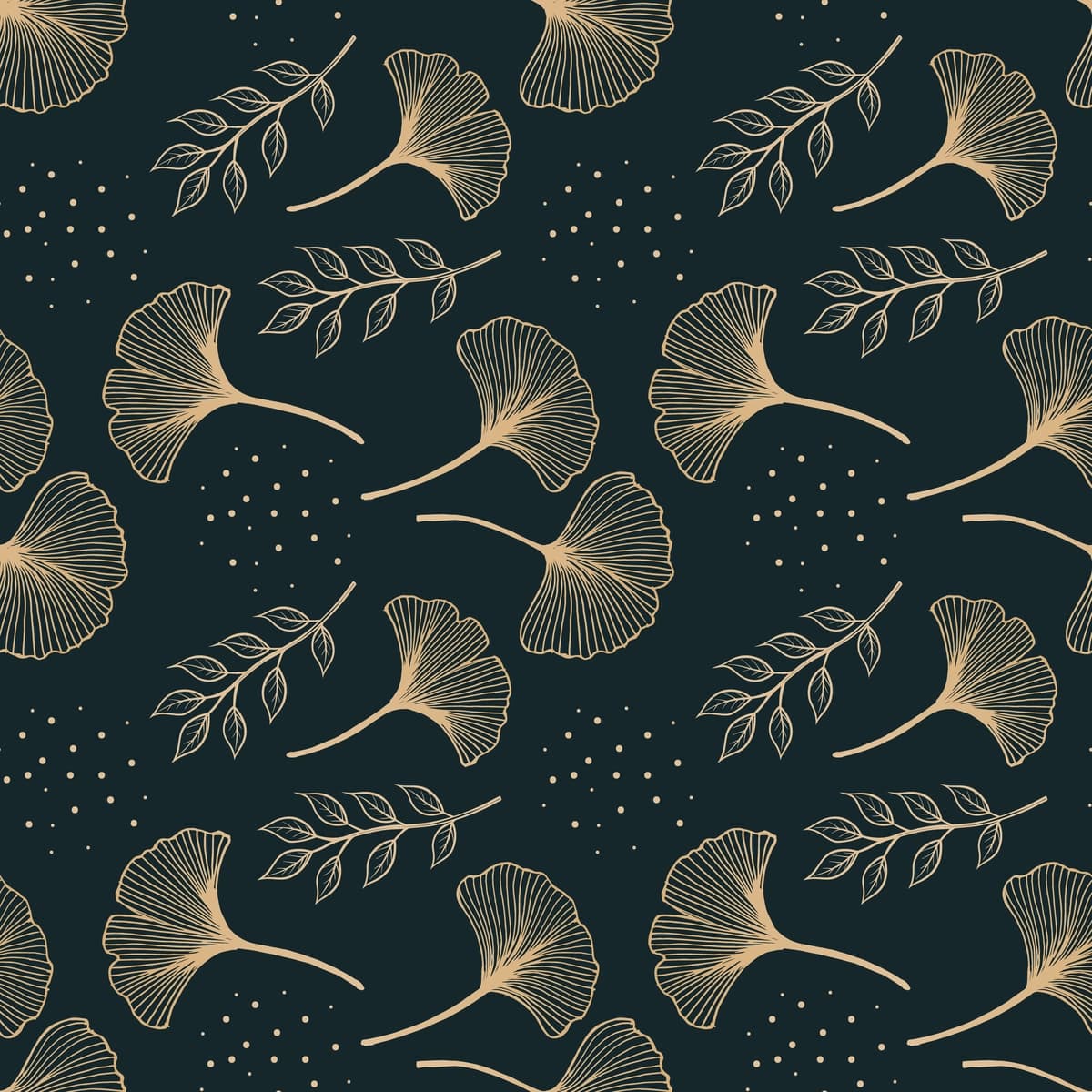 To'q rangli fonda oltin rangli ginkgo barglari bilan choksiz naqsh | Seamless pattern with golden ginkgo leaves dark background colorful