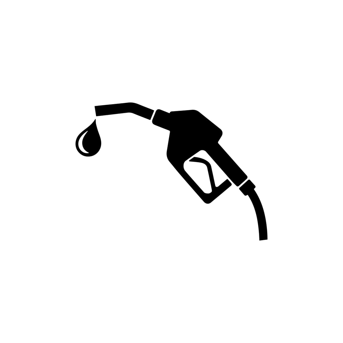 Oddiy qora siluet uslubida yoqilg‘i tomchisi tushirilgan gaz nasosli shtutser belgisi | Gas pump nozzle icon with fuel drop simple black silhouette style