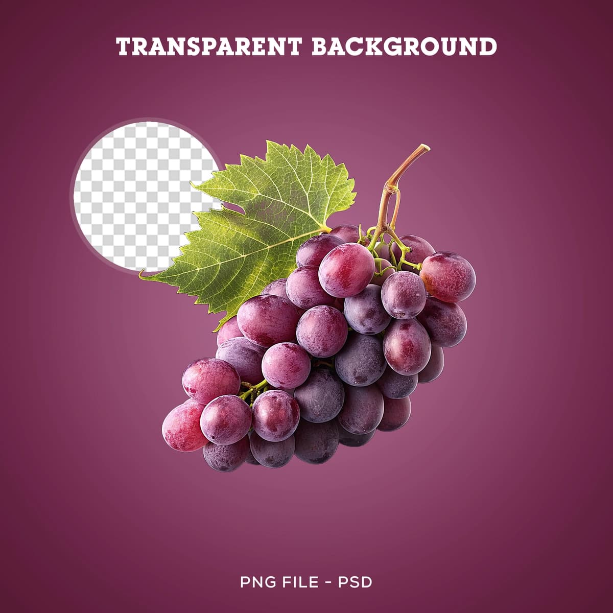 Yashil barglari shaffof fon bilan yangi qizil uzum | Fresh red grapes with green leaf transparent background