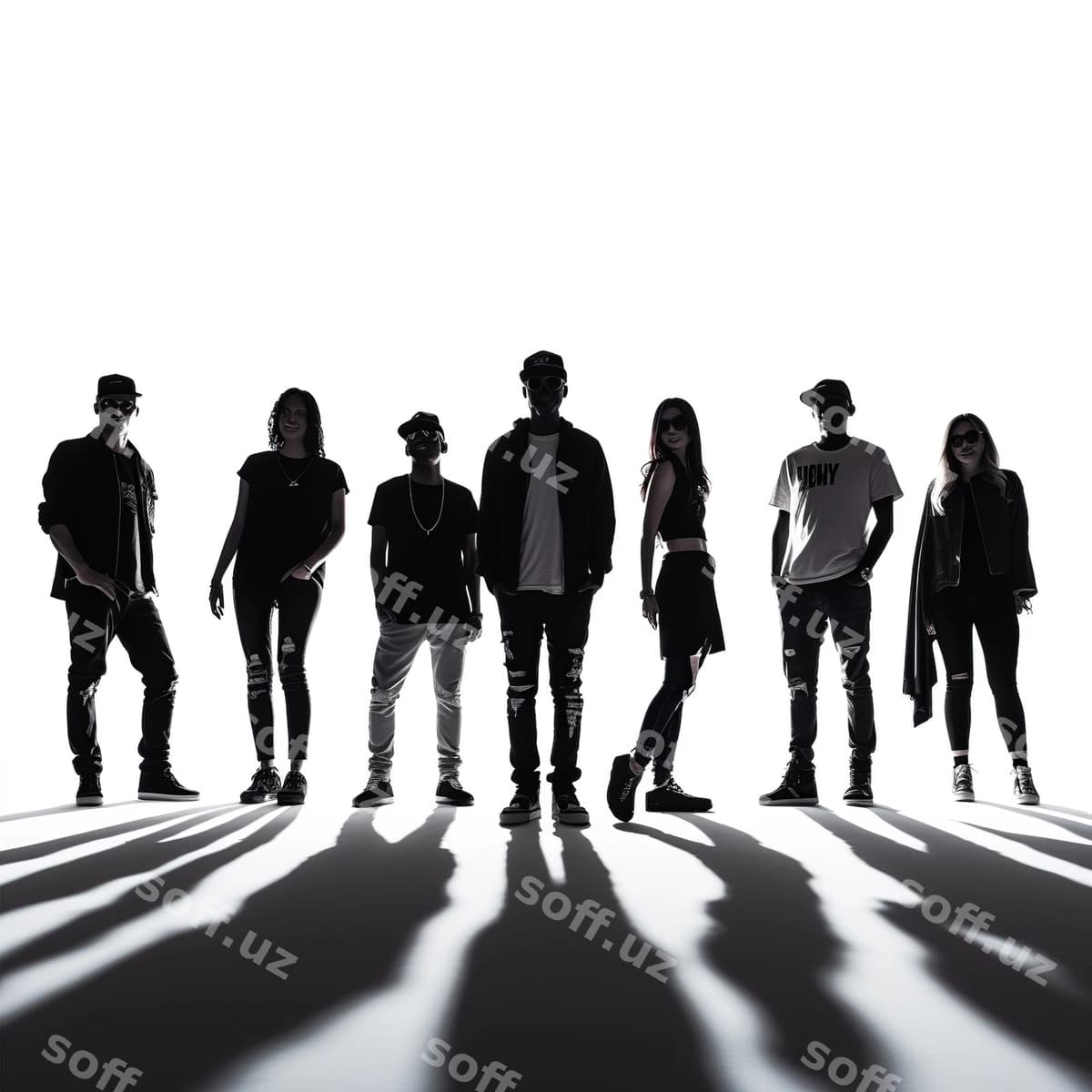 Qora siluet qo'yish guruh a'zolari pozalarda turgan | Black silhouette fun group people posing