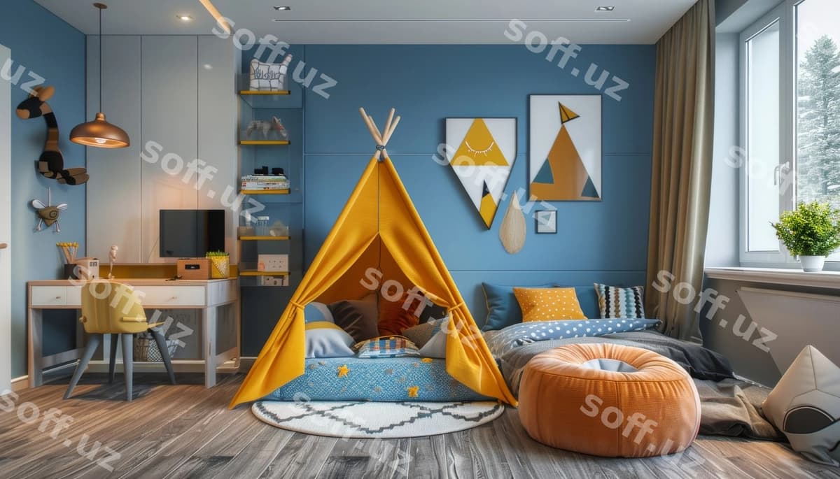 Ko'k va sariq bolalar xonasi chambar yotoq bilan | Blue yellow kids bedroom with teepee bed