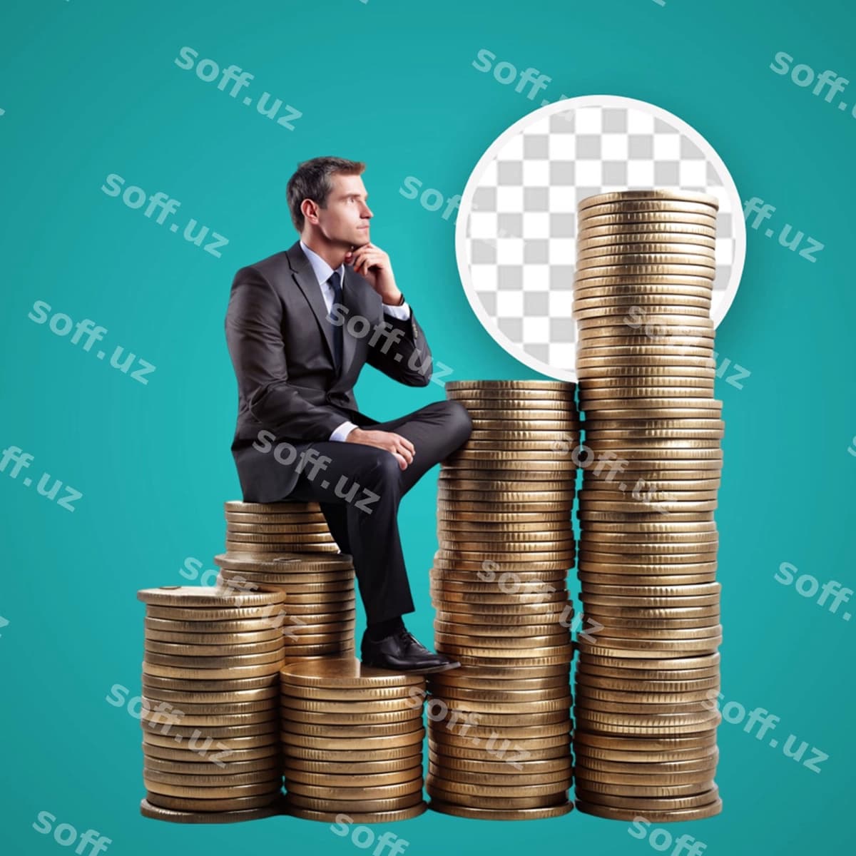 Bizznesmen oʻltinga soʻmlarning xaltogʻida turgan | Businessman staying pile gold coins