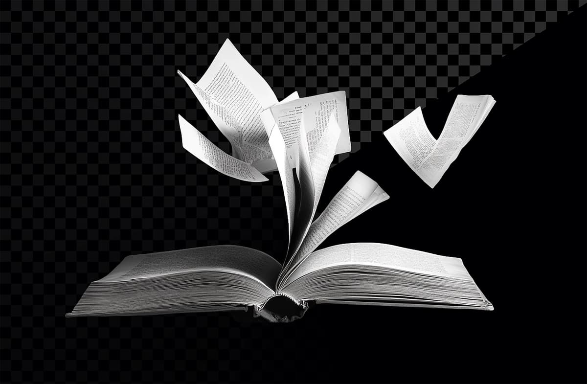 Shaffof fonda uchib yuruvchi sahifalar bilan qora oq fotosurat ochiq kitob | Black white photograph open book with flying pages transparent background